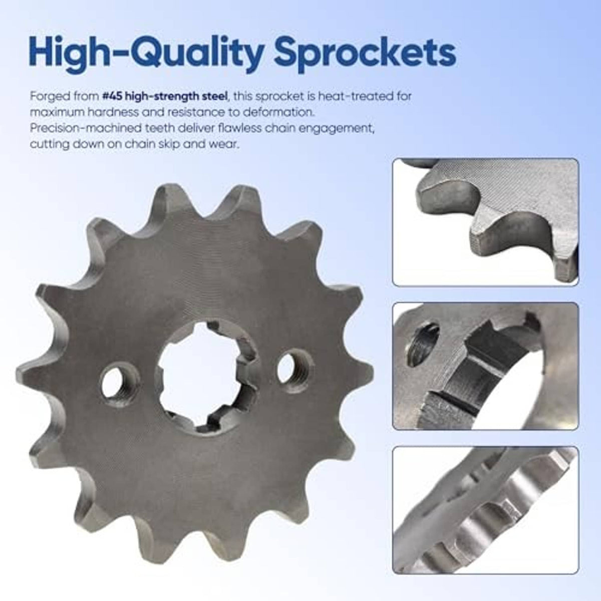 Gray motorcycle sprocket with gear teeth and two mounting holes, close-up detail