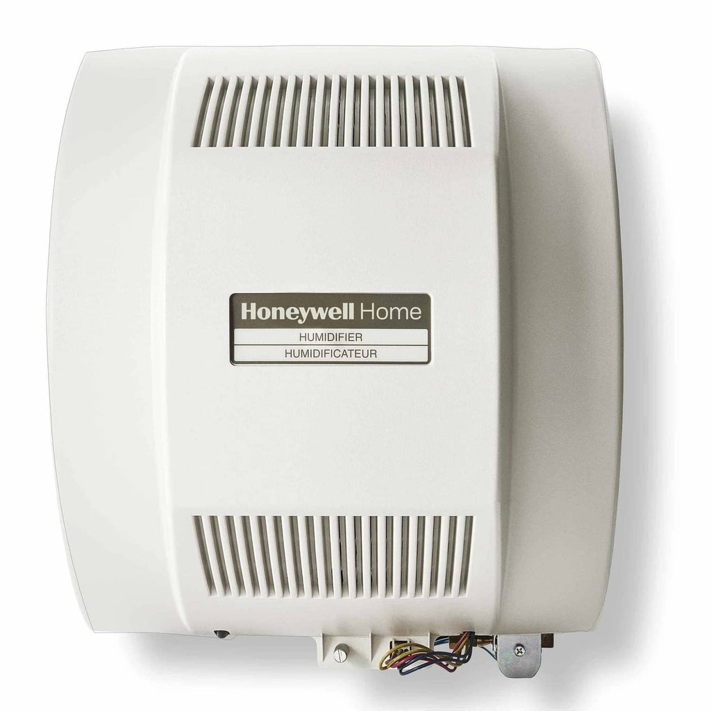 Whole-home humidifier front view with vent grilles and Honeywell Home humidifier label