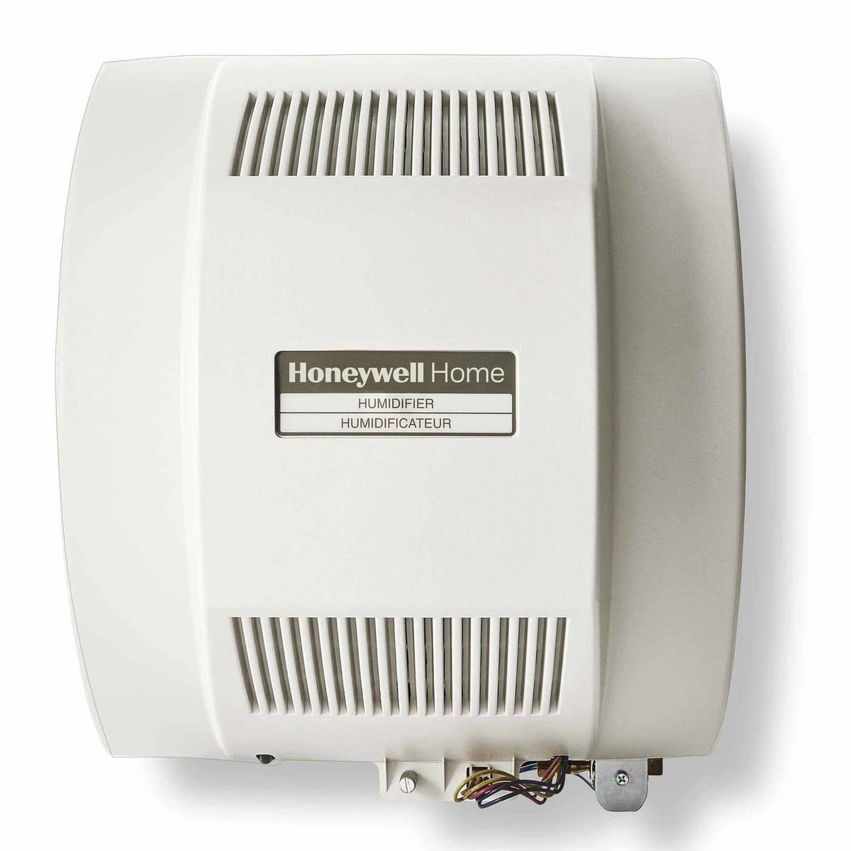Whole-home humidifier front view with vent grilles and Honeywell Home humidifier label