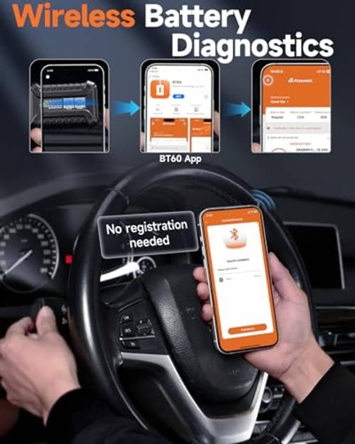 Wireless battery diagnostics setup with phone app and battery tester connected