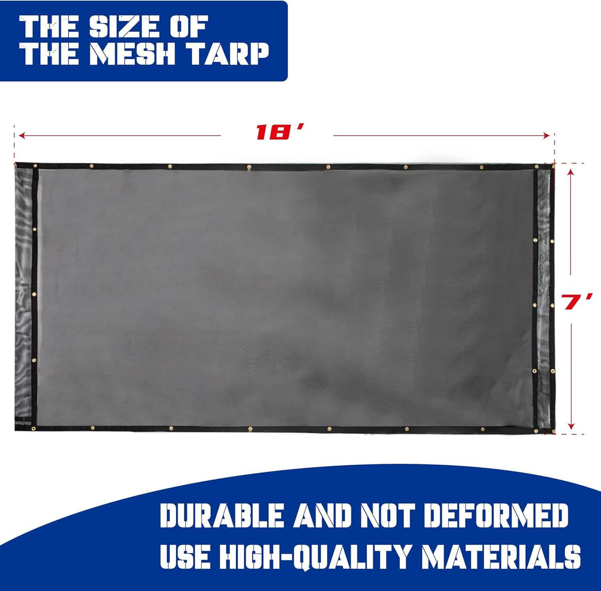 Rectangular black mesh tarp panel with reinforced border and brass grommets