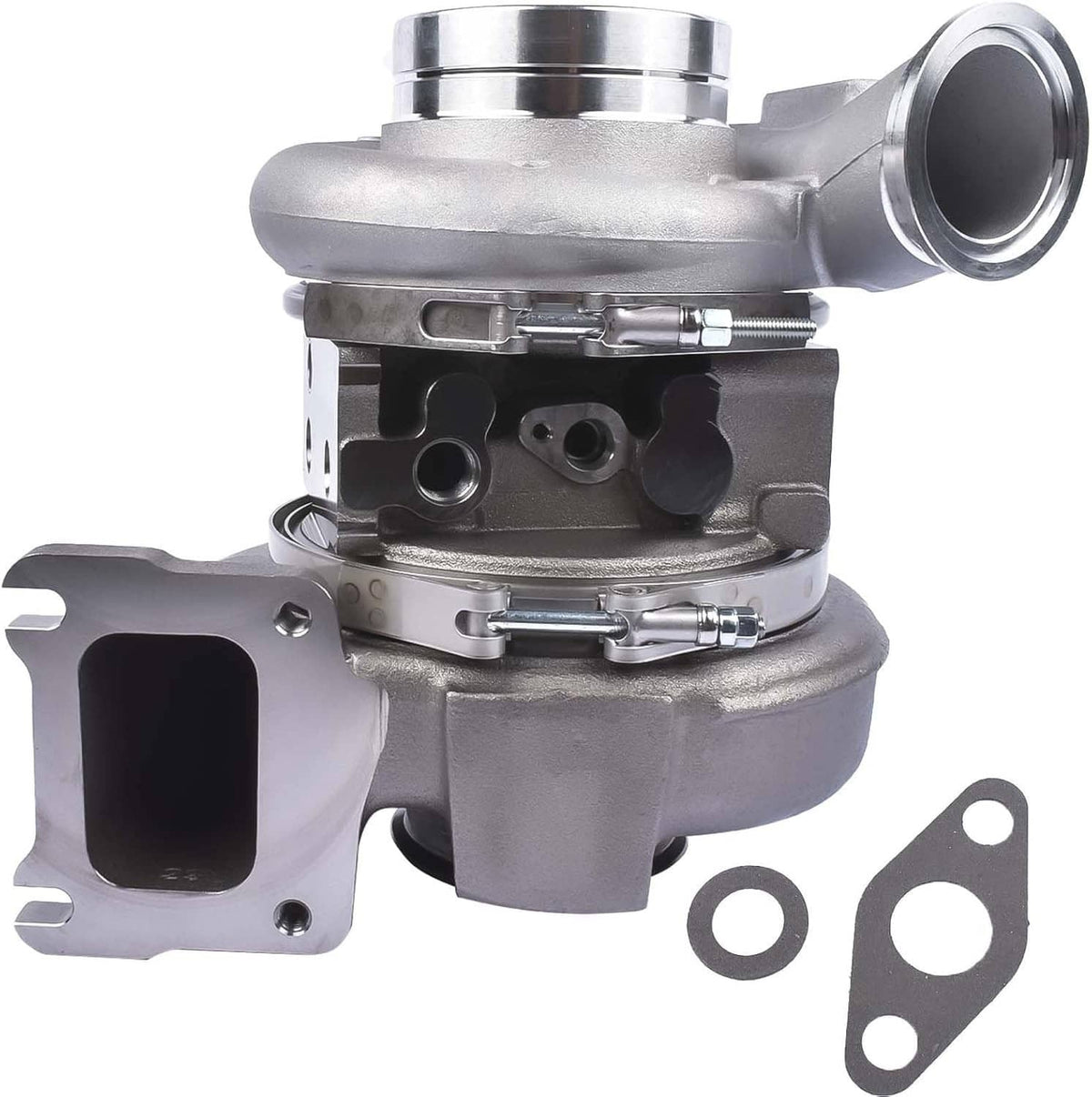 Turbocharger with compressor and exhaust housings, mounting parts and gaskets