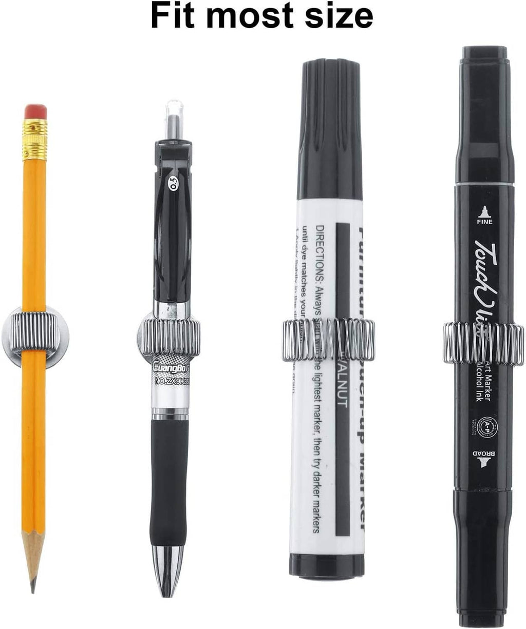 Silver coil pen holder clips fitted on pens, demonstrating compatibility for different sizes