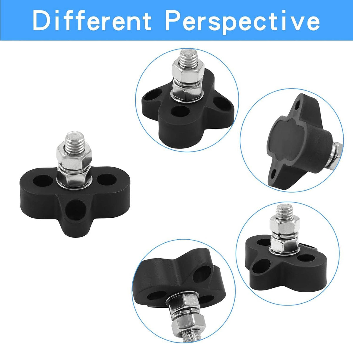 Black battery junction post terminals with steel studs, shown from different perspectives
