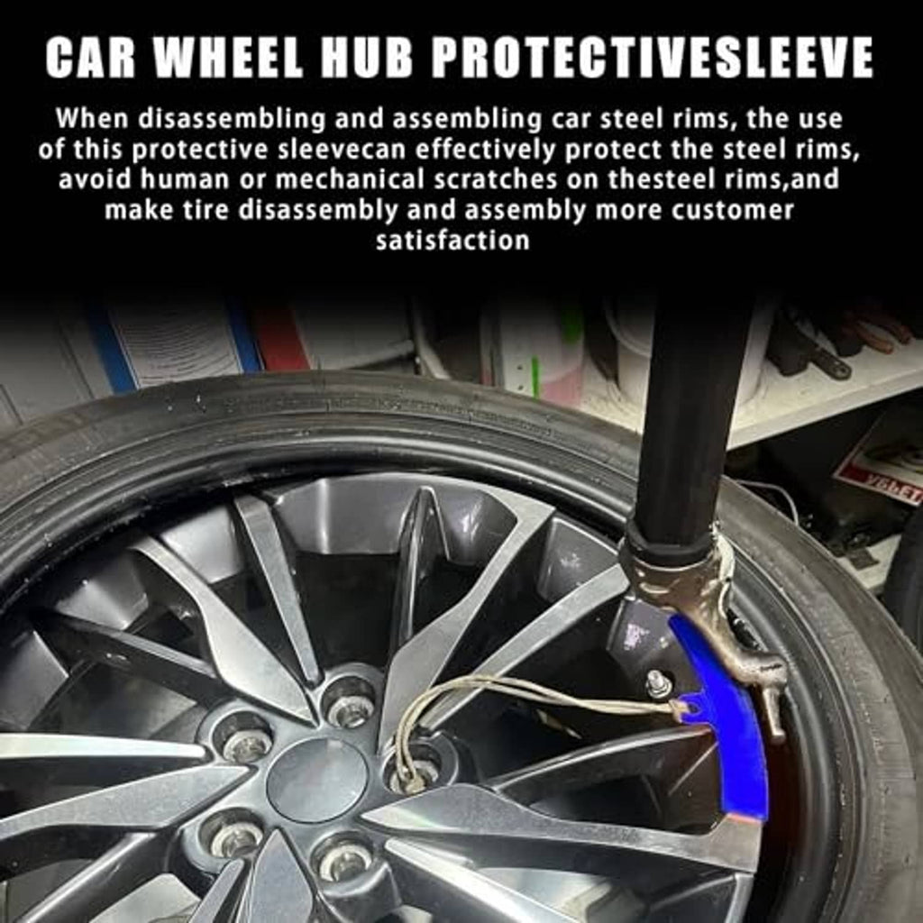 Blue wheel rim protector sleeve with orange cord mounted on a wheel