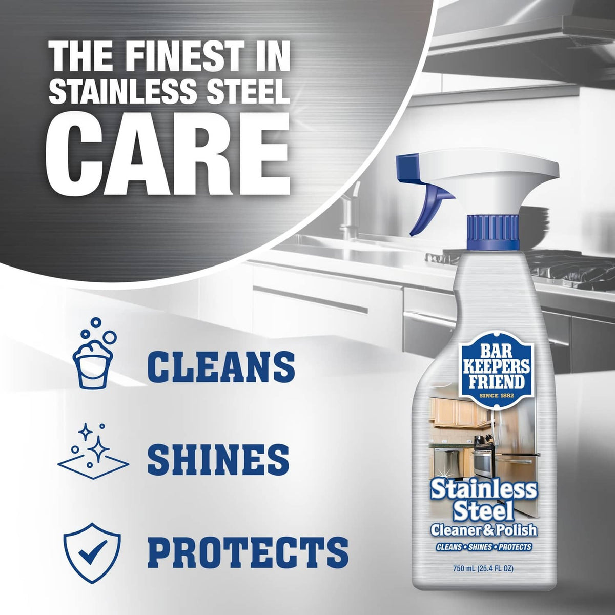 Stainless steel cleaner and polish spray bottle with blue trigger nozzle