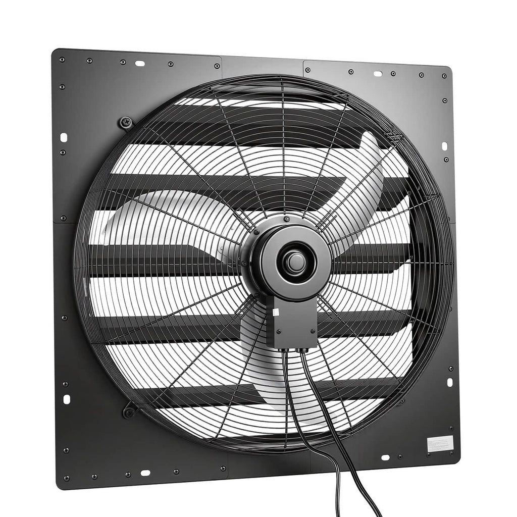 24 in wall-mount exhaust fan with circular metal grille and shutter louvers