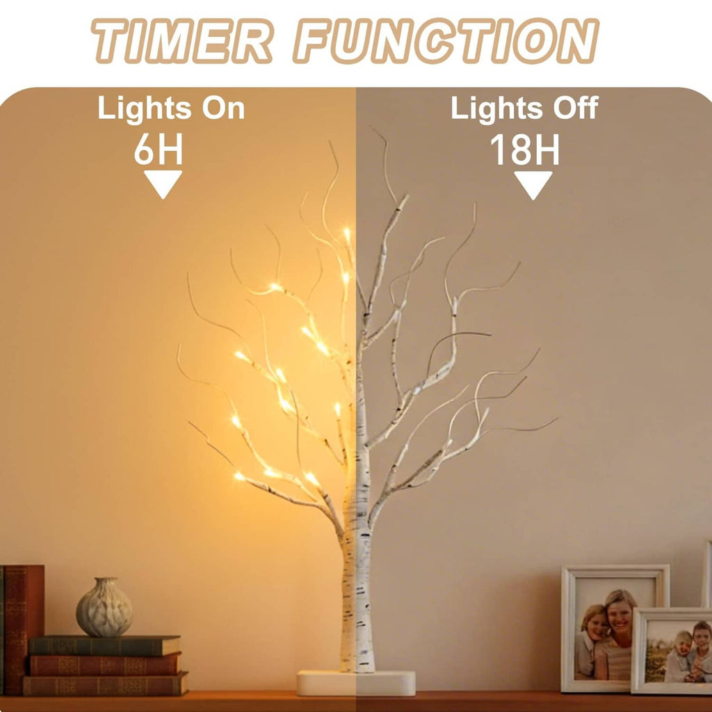 Lighted birch LED tree with timer: 6h on, 18h off; warm white lights