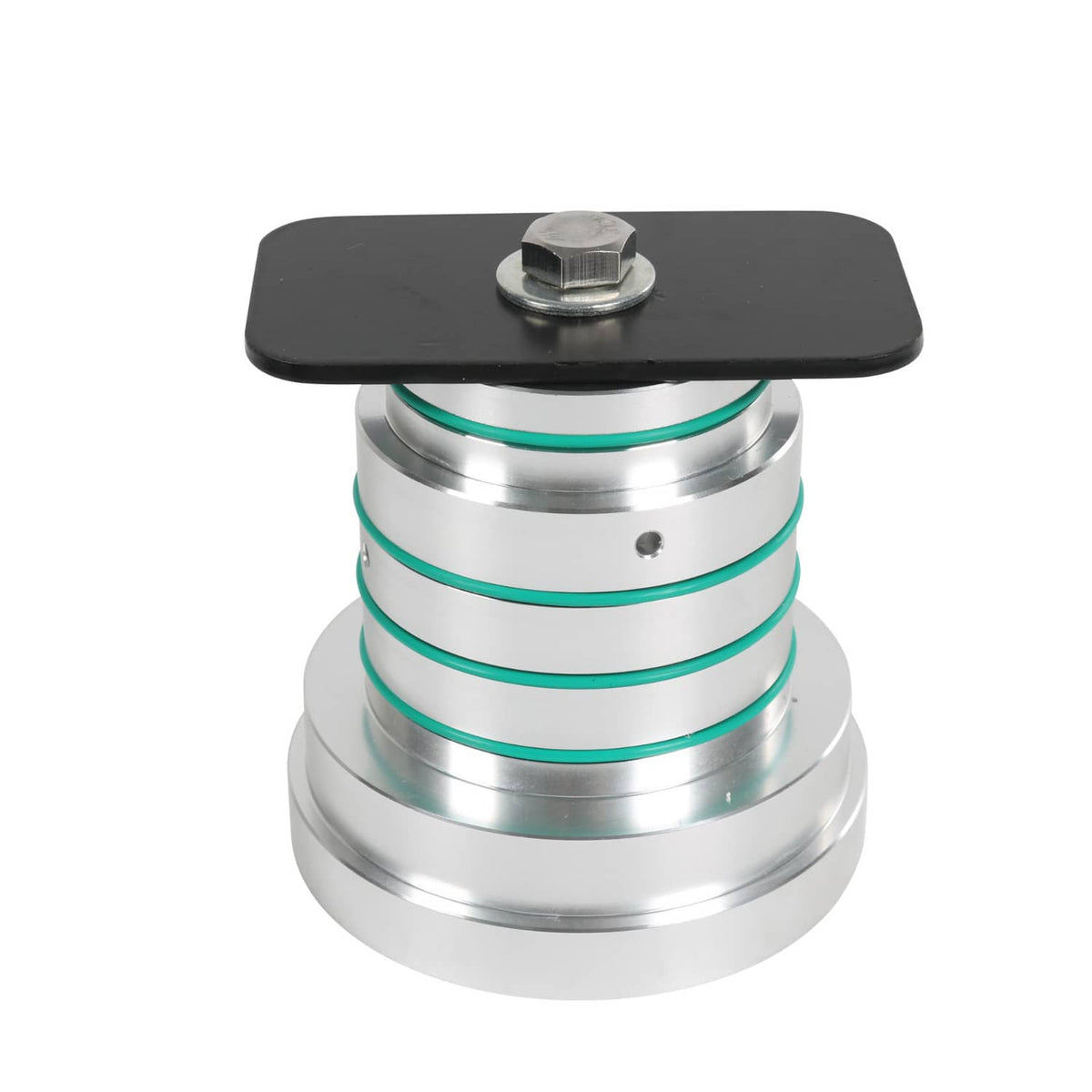 Drum tester tool with green sealing rings, black handle base, and hex bolt