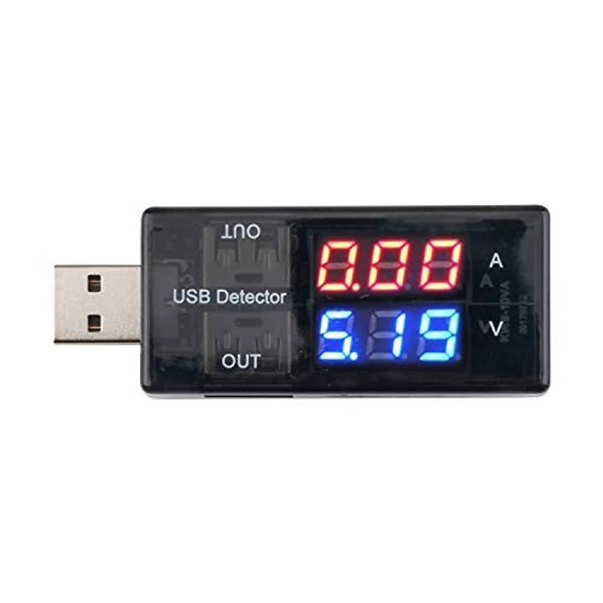 USB detector meter with red 0.00 A and blue 6.19 V LED digits