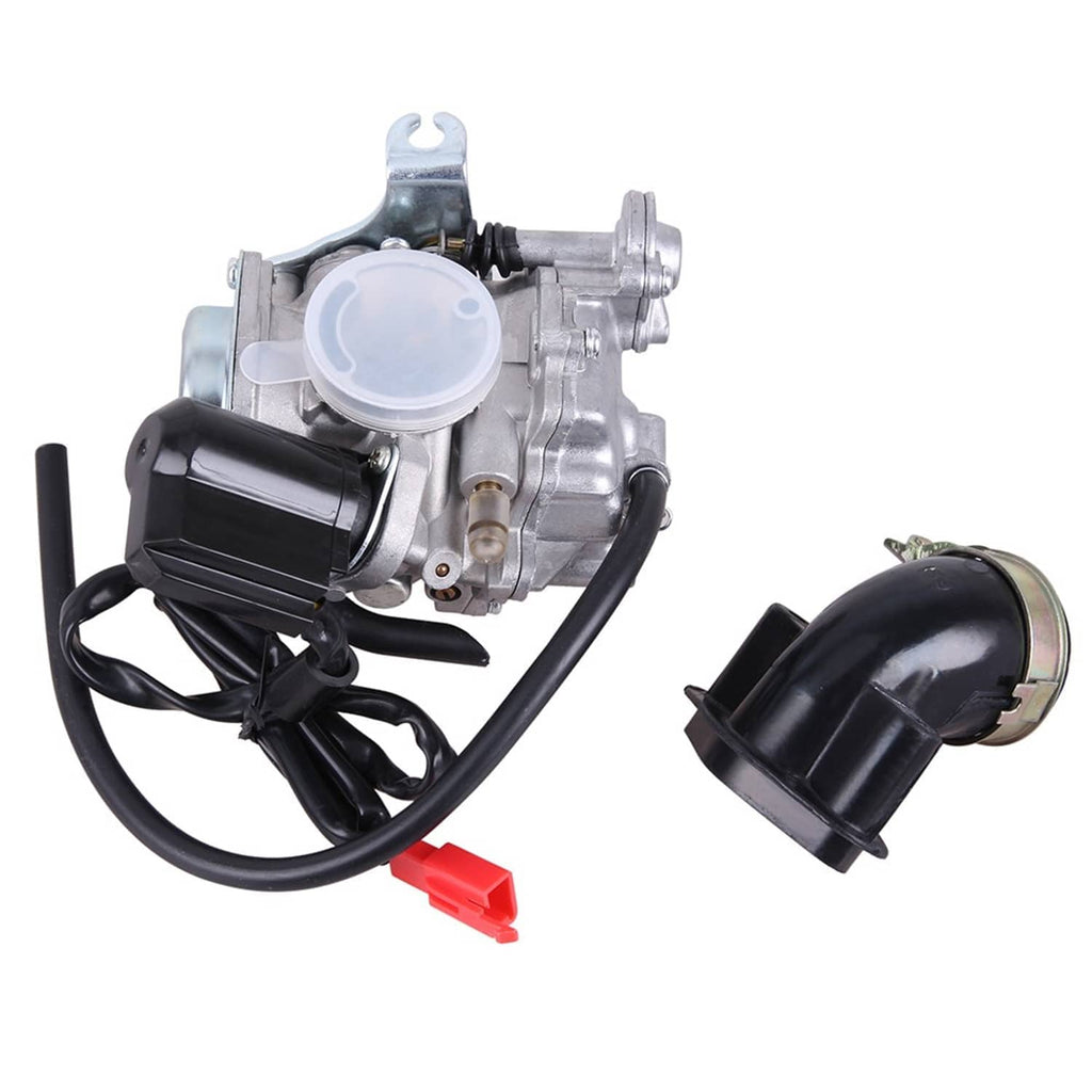Carburetor assembly with translucent diaphragm cover, black air intake housing, and hoses