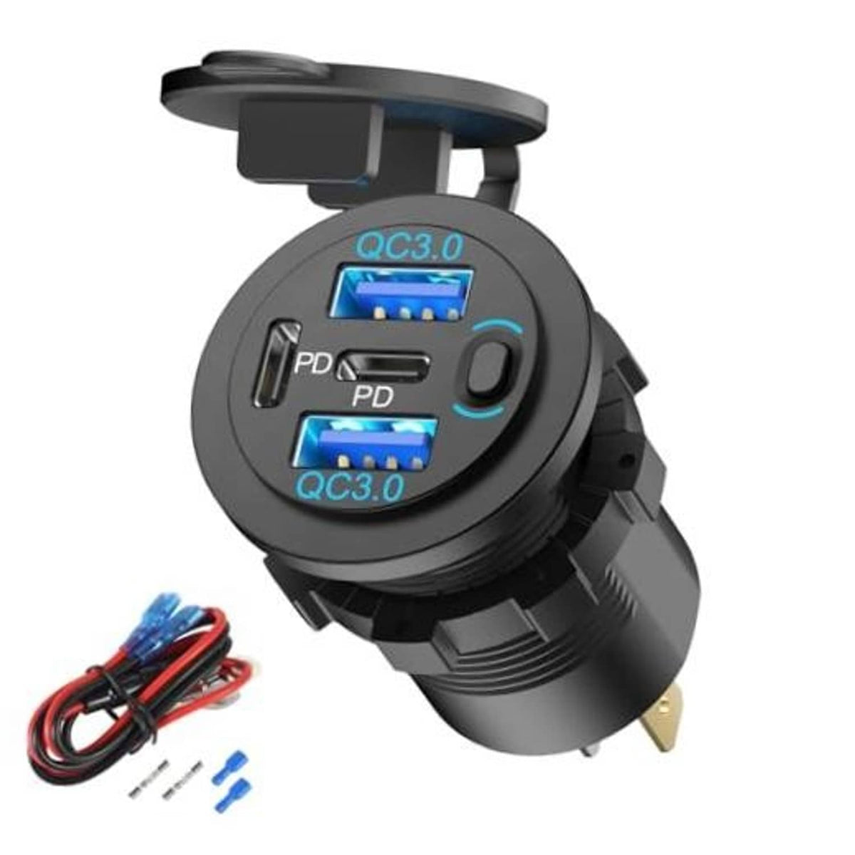Black 4-port car USB charger with QC3.0 and PD ports, plug-in mount