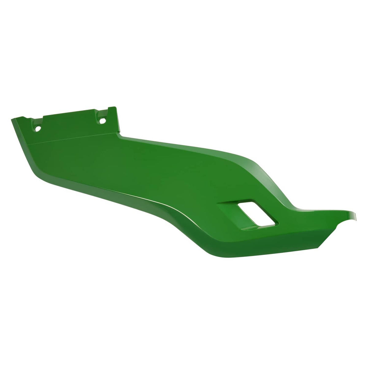 Green side panel for mower deck with mounting holes and a rectangular vent cutout