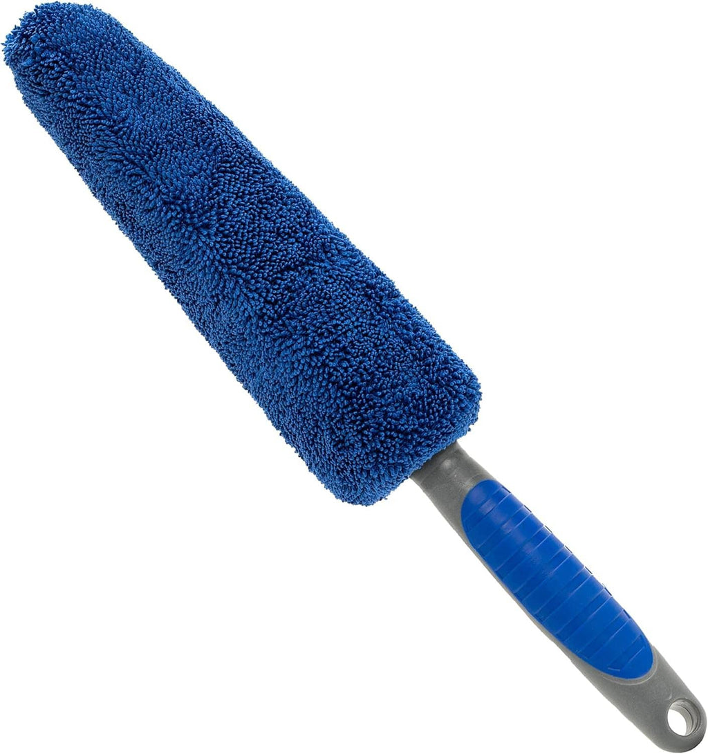Blue microfiber wheel and rim brush with gray handle and ridged blue grip