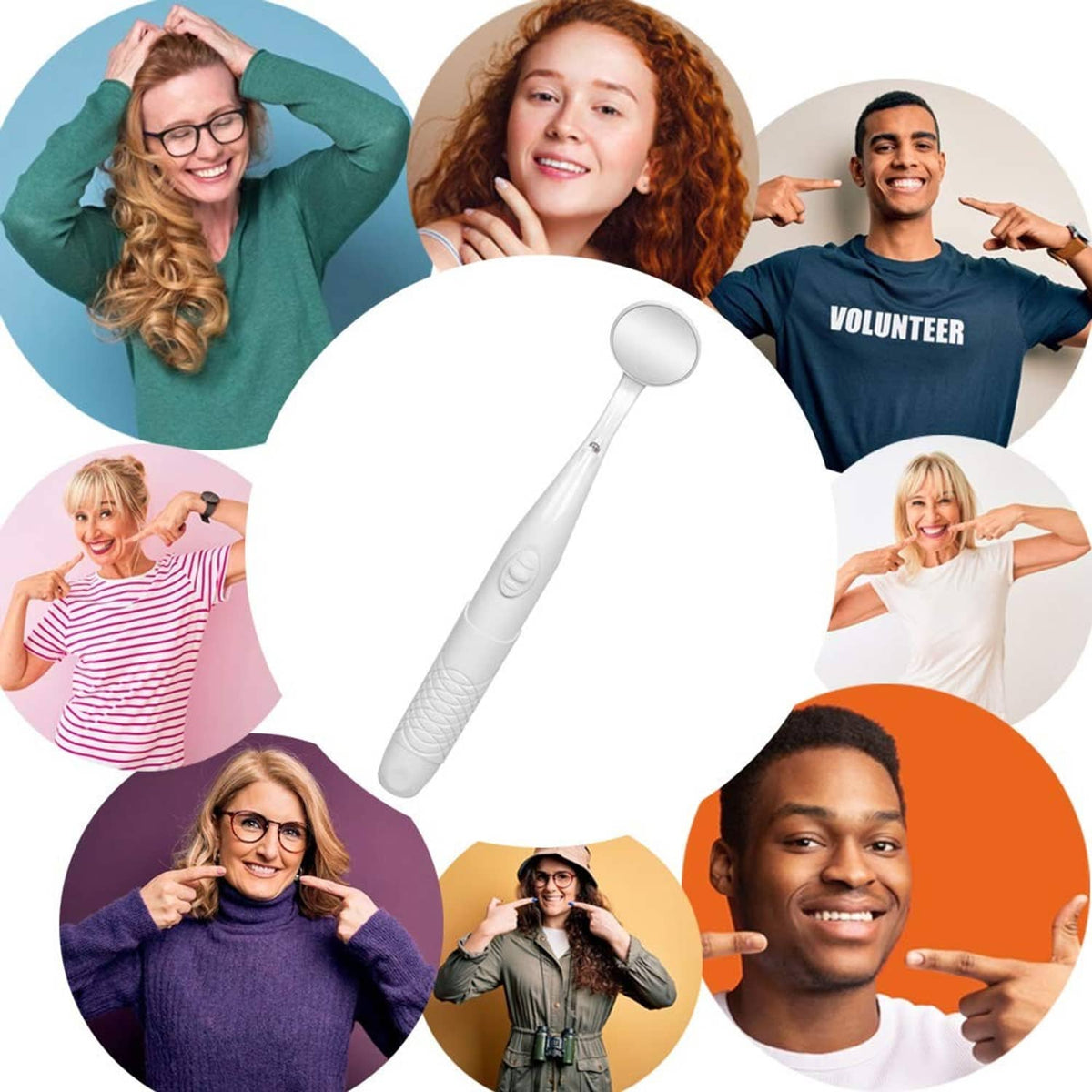 Handheld dental mirror with LED light, slim white handle and round inspection mirror head