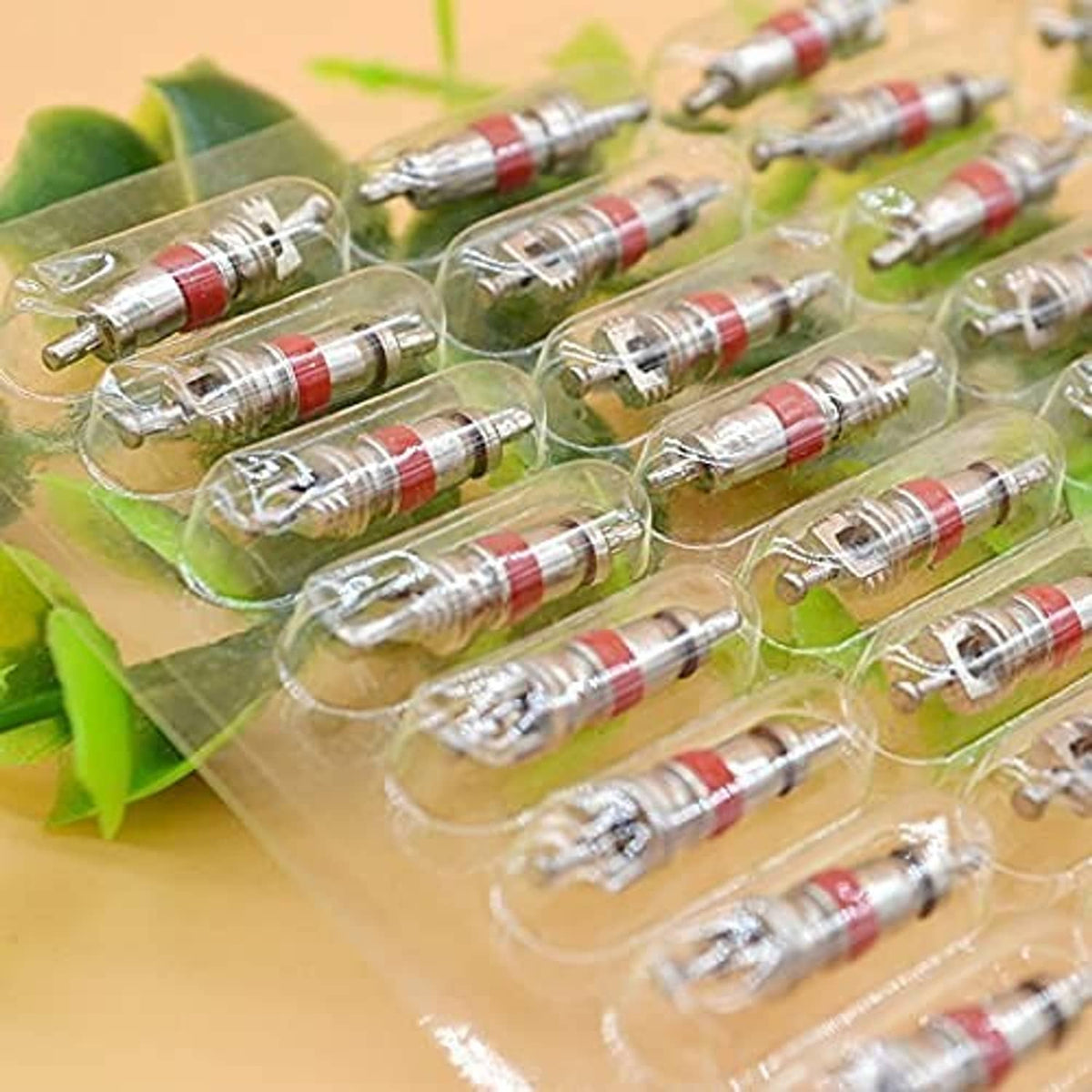 Tire valve stem cores in plastic blister packs, silver cores with red seals