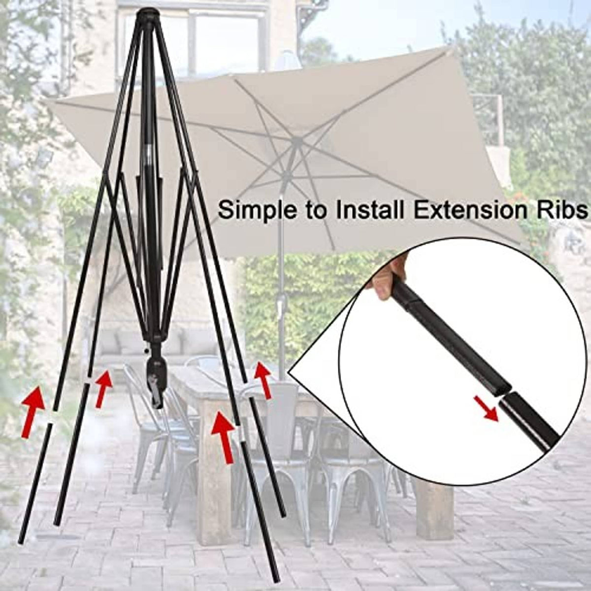 Tan patio umbrella installation showing black extension ribs and pole hardware