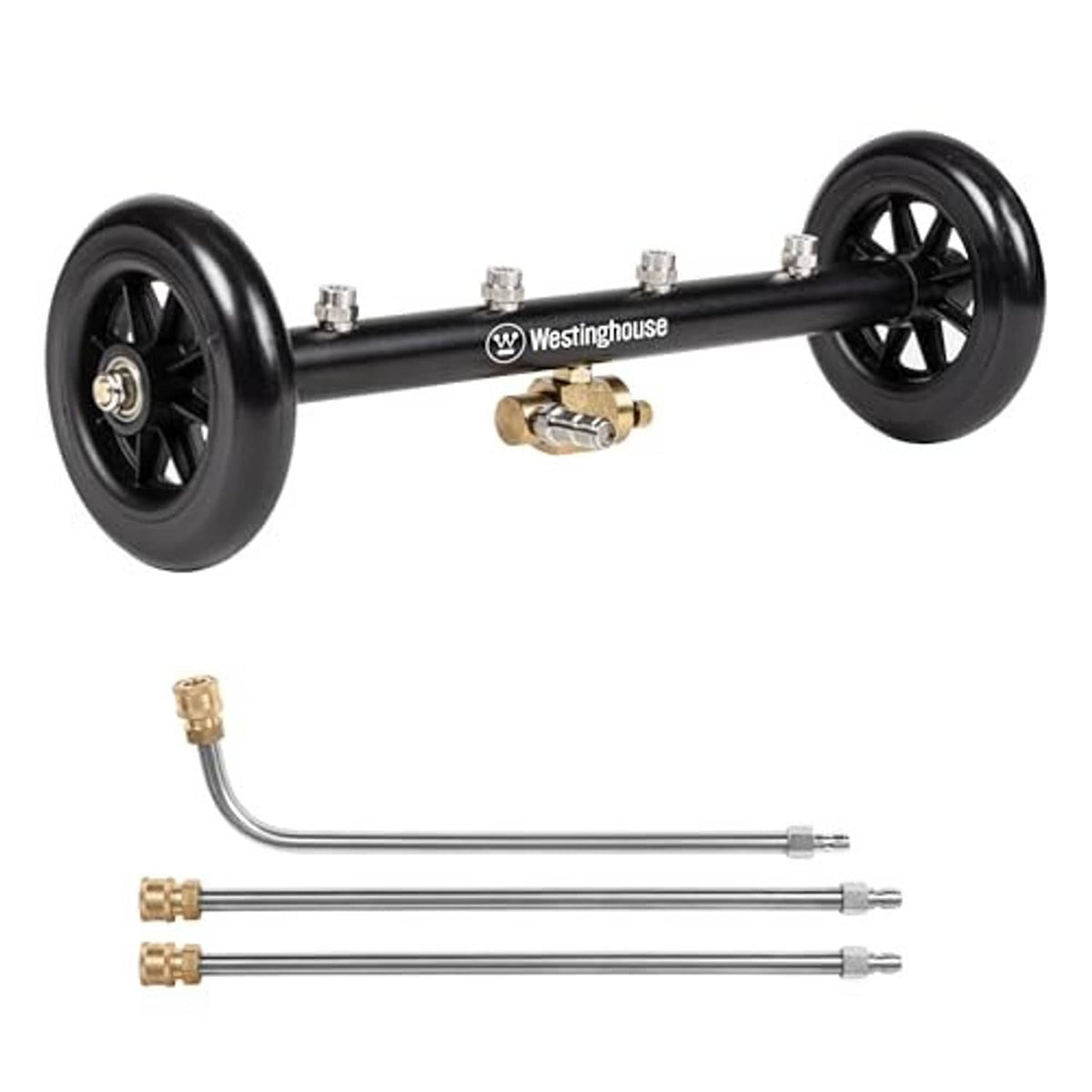 Westinghouse undercarriage pressure washer cleaner with black wheels and extension wands
