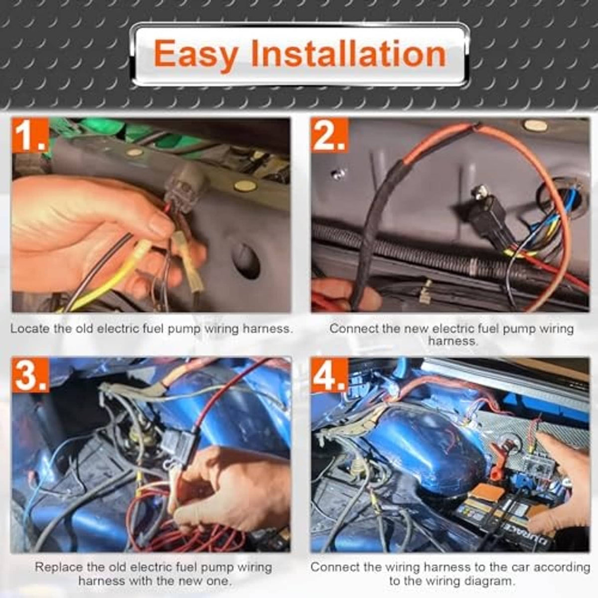 Installation guide photos for replacing a fuel pump wiring harness and connecting the kit