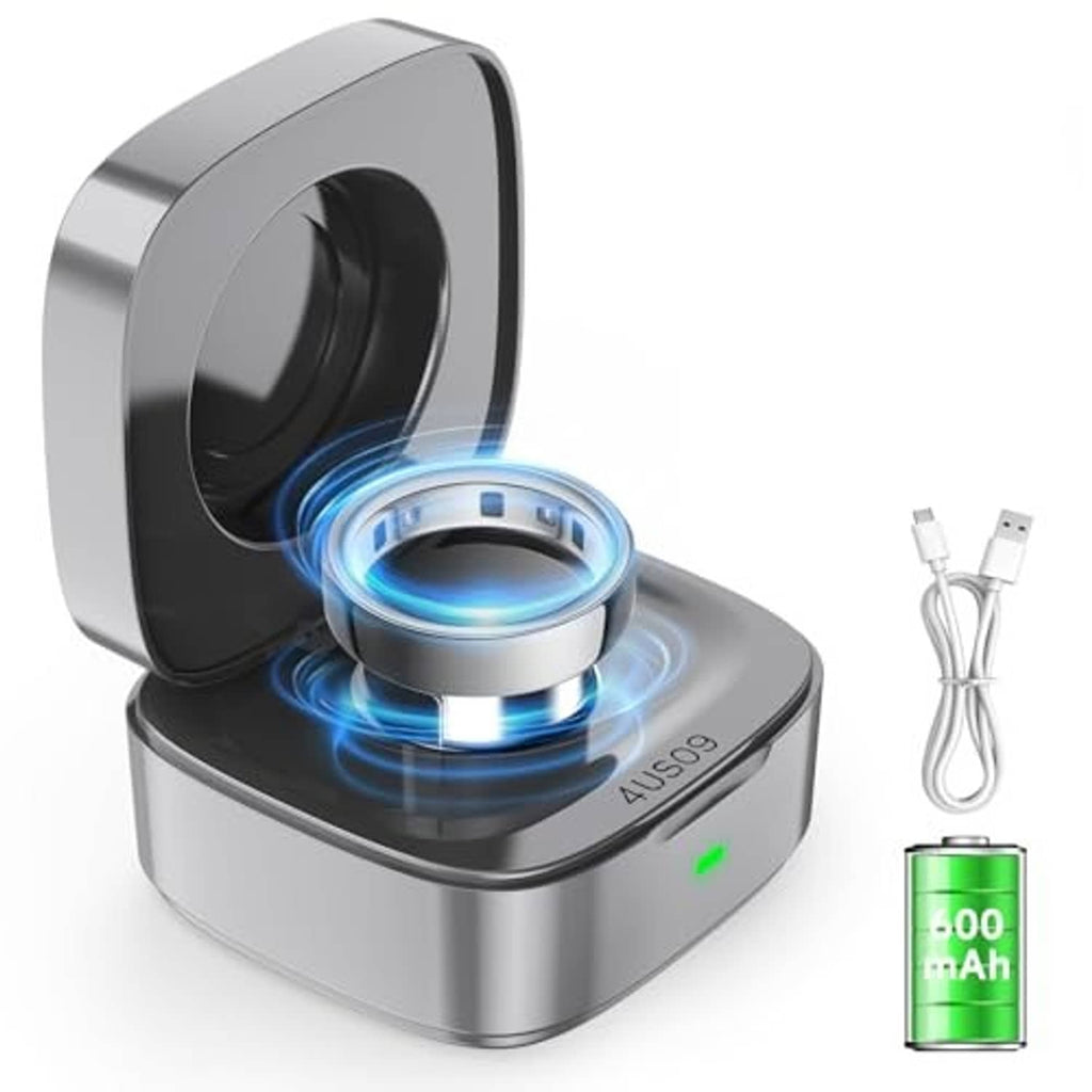 Metal wireless charging case with ring cradle, blue charging glow, USB cable and 600mAh icon