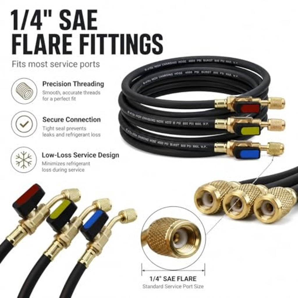 Black AC hose kit with 1/4 in SAE flare brass fittings and colored ball valve handles
