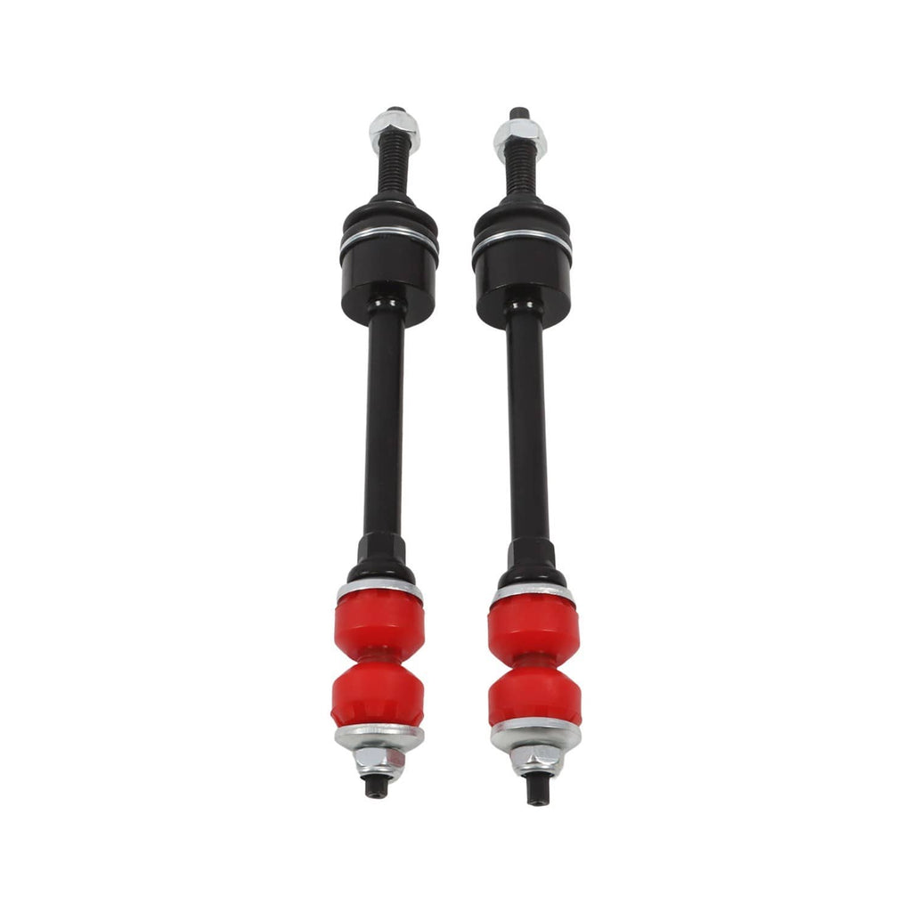 Front sway bar links: two black struts with red bushings and top bolts