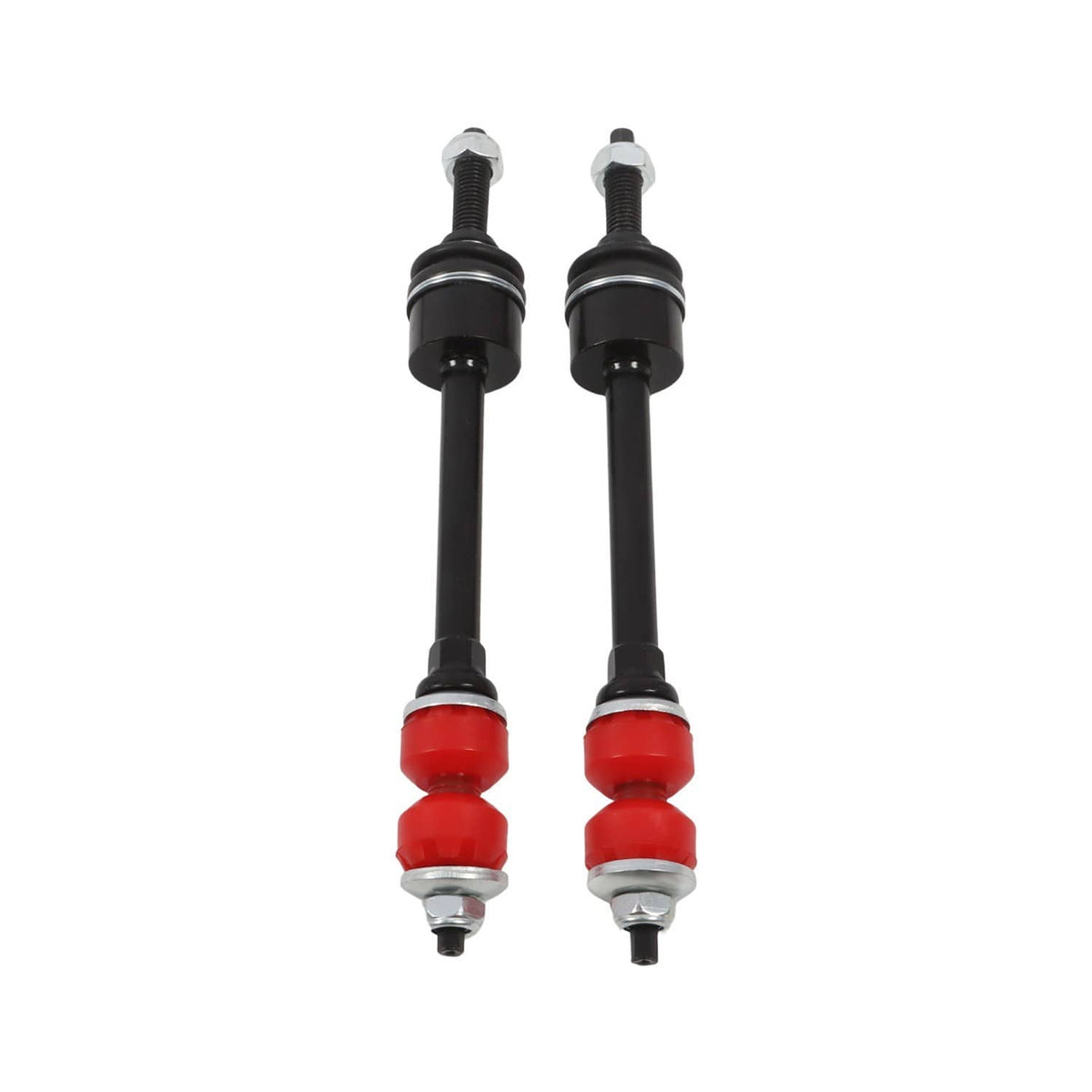 Front sway bar links: two black struts with red bushings and top bolts