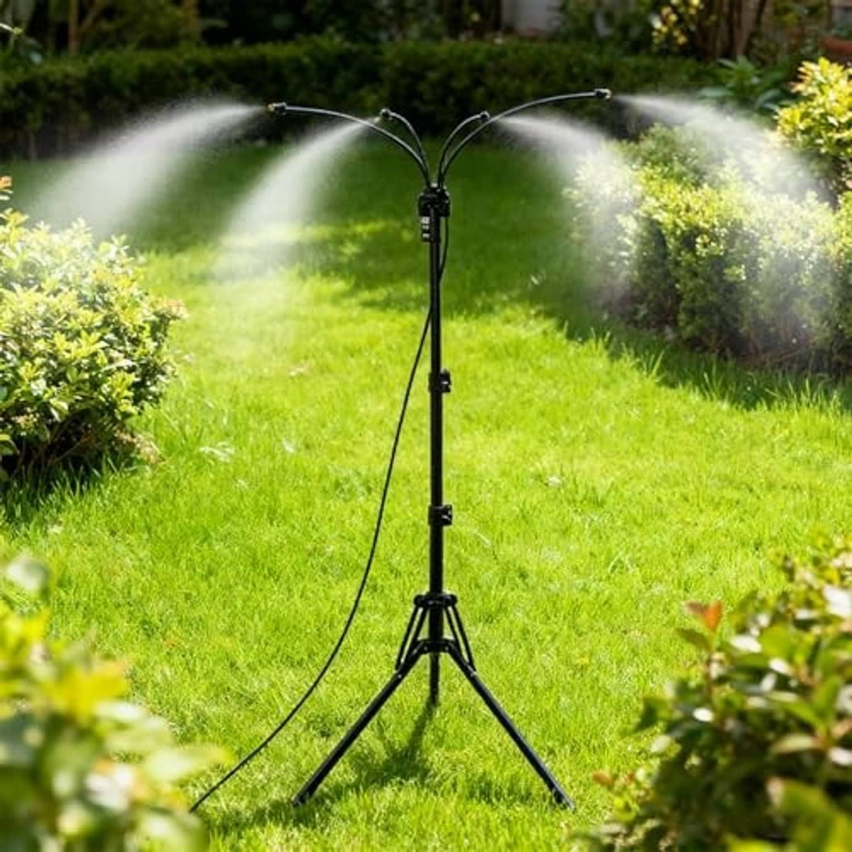 Outdoor mist sprayer stand with tripod base and adjustable nozzle head emitting spray