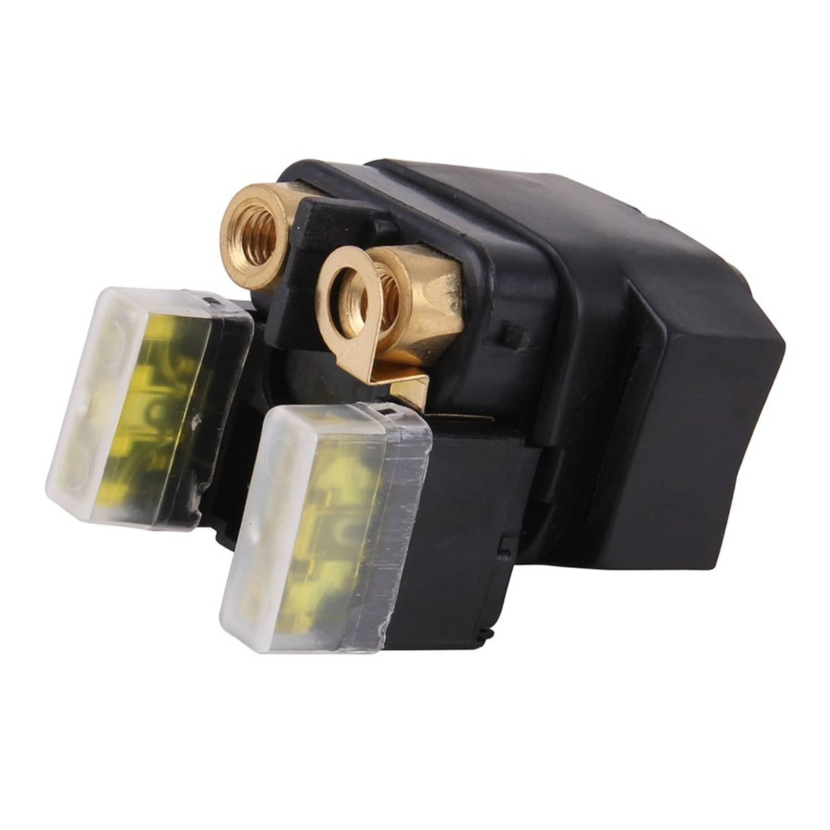 Starter solenoid relay angled view with clear fuse caps and brass terminal screws