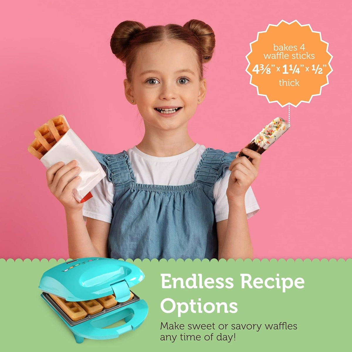 Teal mini waffle stick maker held near waffles, compact electric design with hinged lid