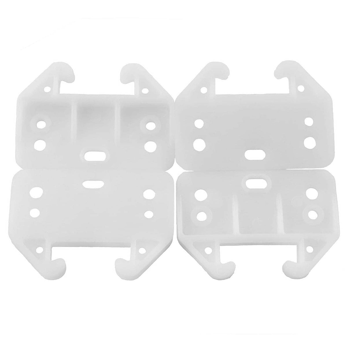 Two white plastic center-mount drawer guides with C-shaped mounting clips and holes