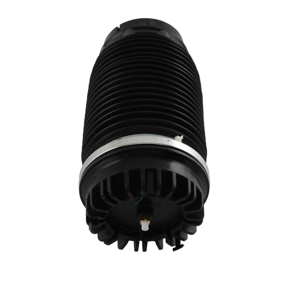 Air suspension strut front view with ribbed black bellows and bottom fan-style grille