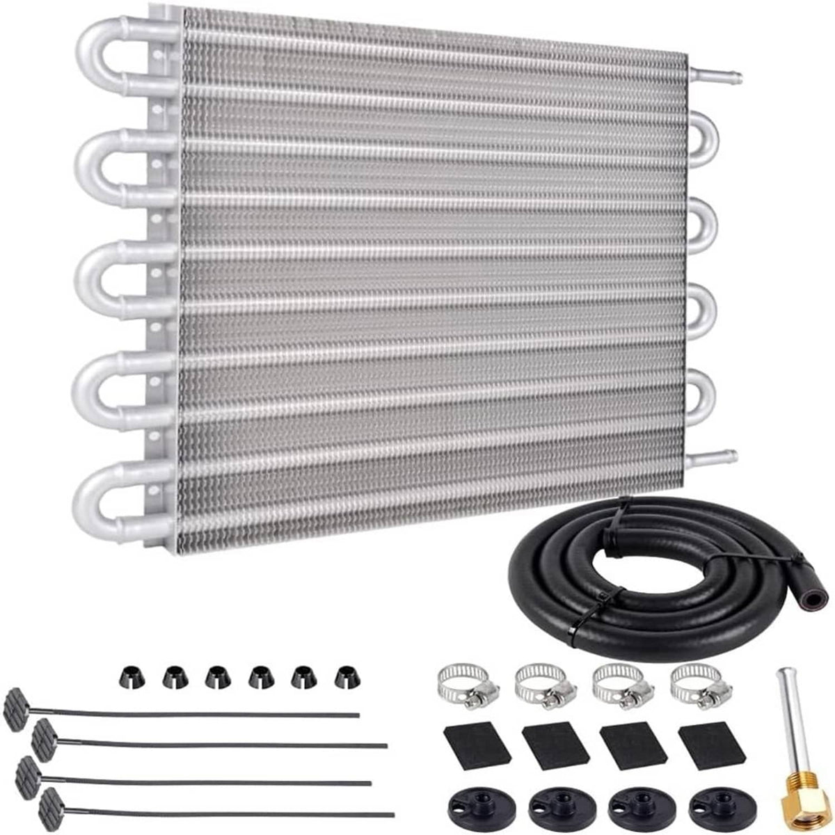 Aluminum oil cooler radiator with mounting rods, black hose, and fitting hardware kit