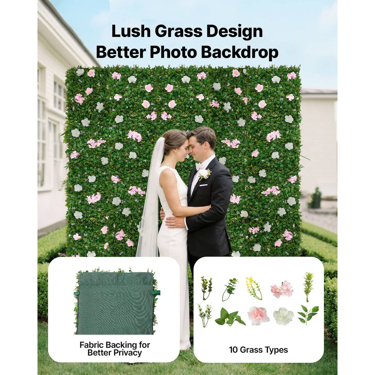 Artificial greenery photo backdrop with pink and white blossoms on a vertical panel