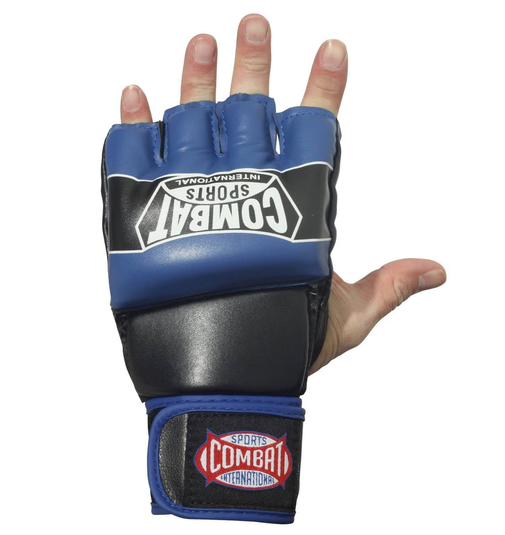 Youth boxing gloves, black and blue with finger openings, Combat Sports logo patch