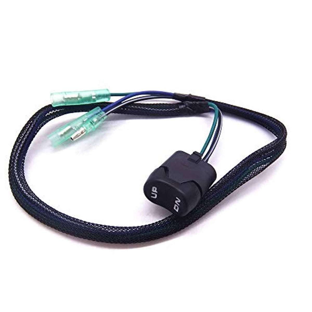 Boat up/down trim switch with black control and green terminal connectors on braided cable