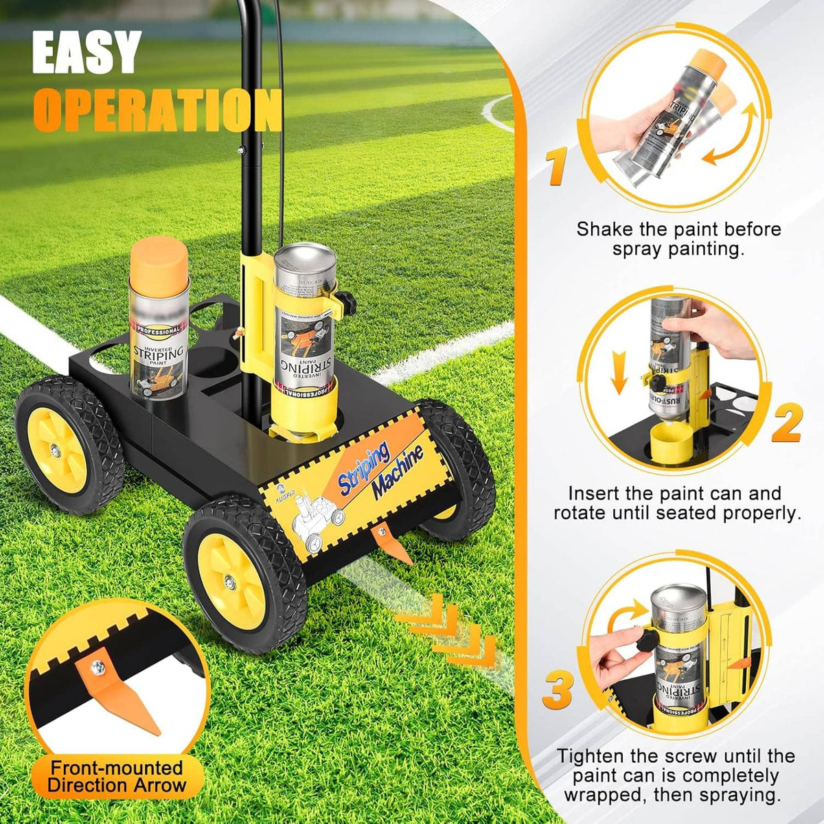 Yellow and black line marking machine with four paint cans and large rubber wheels