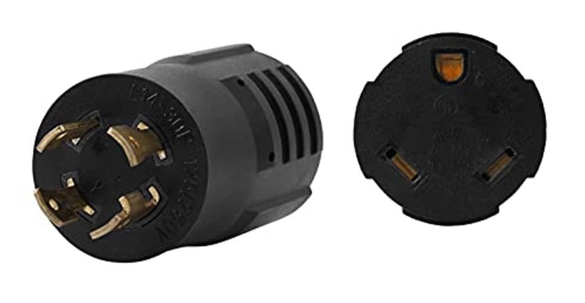 Black twist-lock adapter showing L14-30P plug and TT-30R outlet faces.