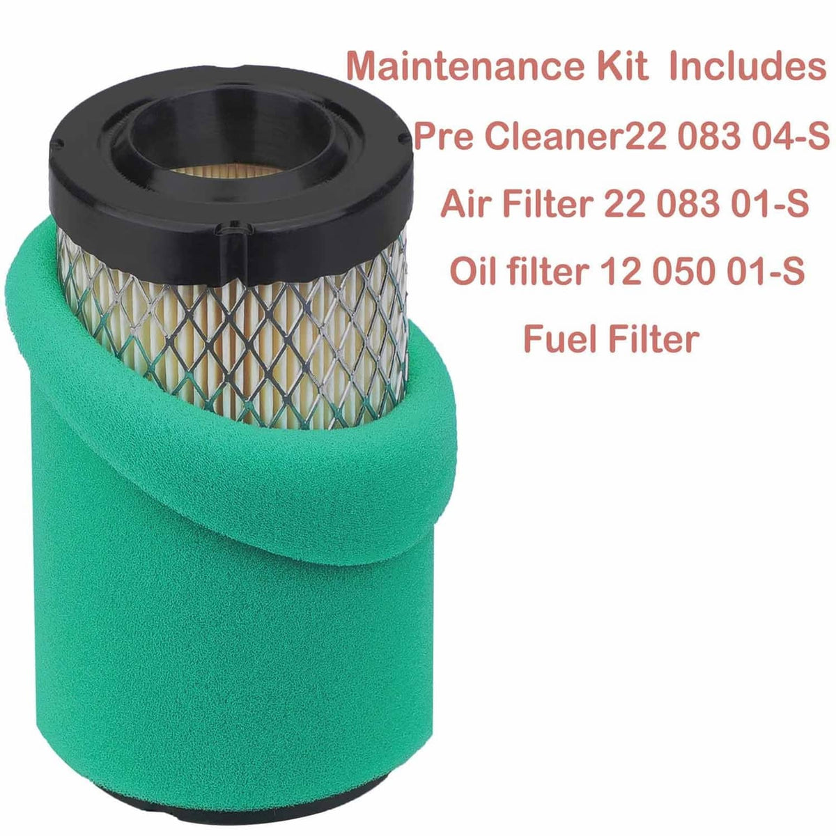 Green foam air filter with pleated metal mesh element and black top cap.