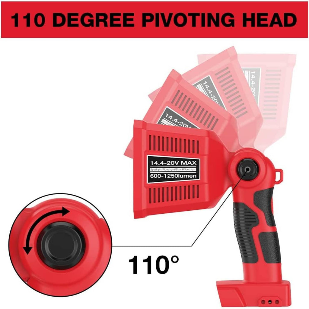 Red LED work light with 110-degree pivoting head and front LED array