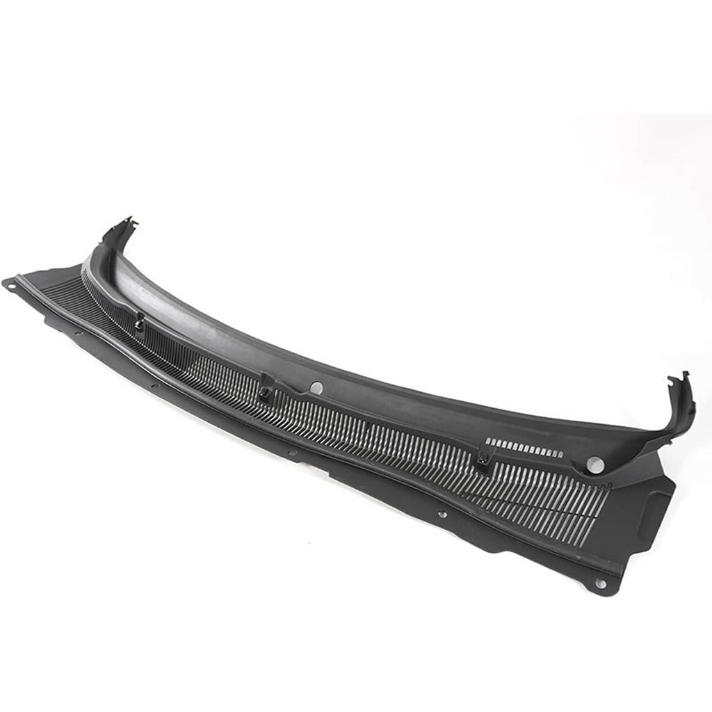 Black side-view windshield wiper cowl cover panel with vent grille and fastener holes