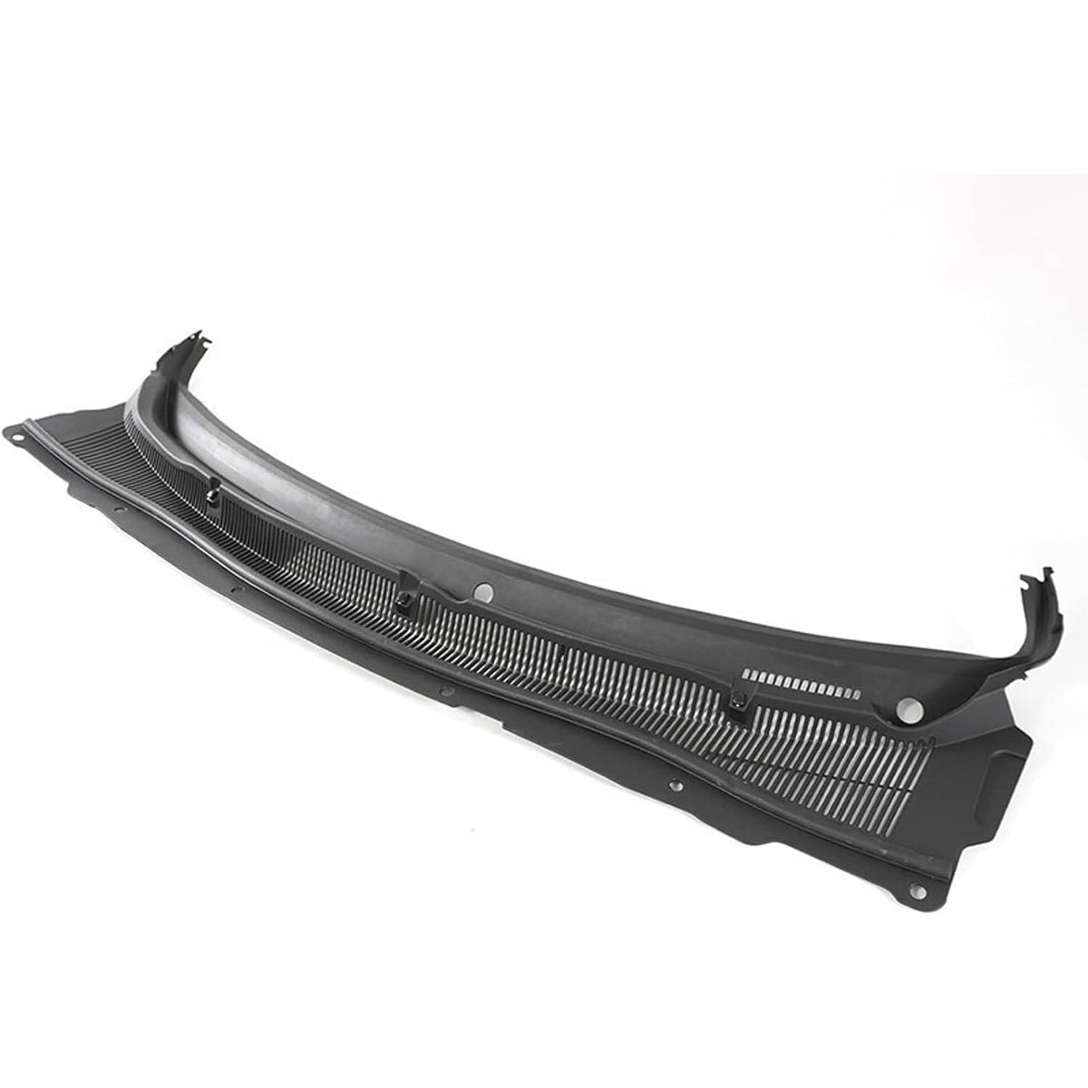 Black side-view windshield wiper cowl cover panel with vent grille and fastener holes