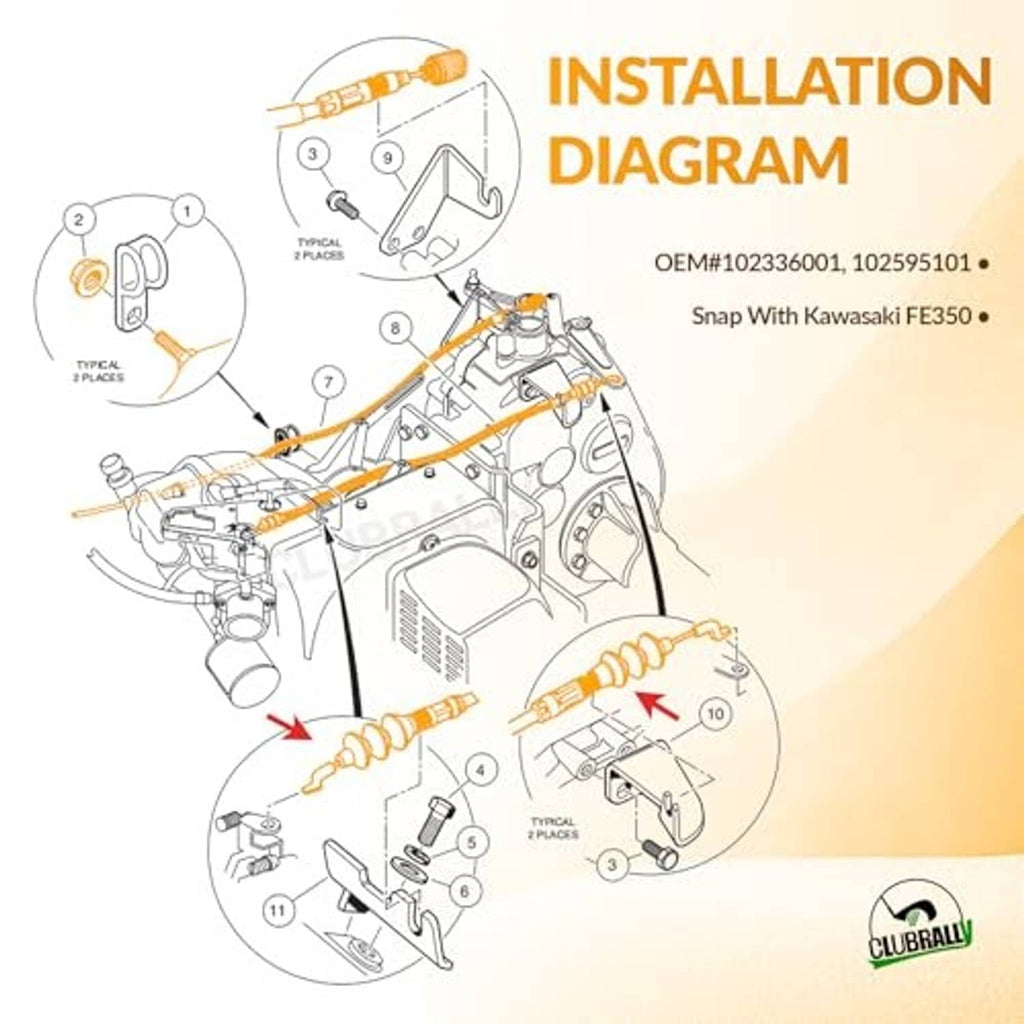 Installation diagram for throttle cable with labeled wiring and engine connections
