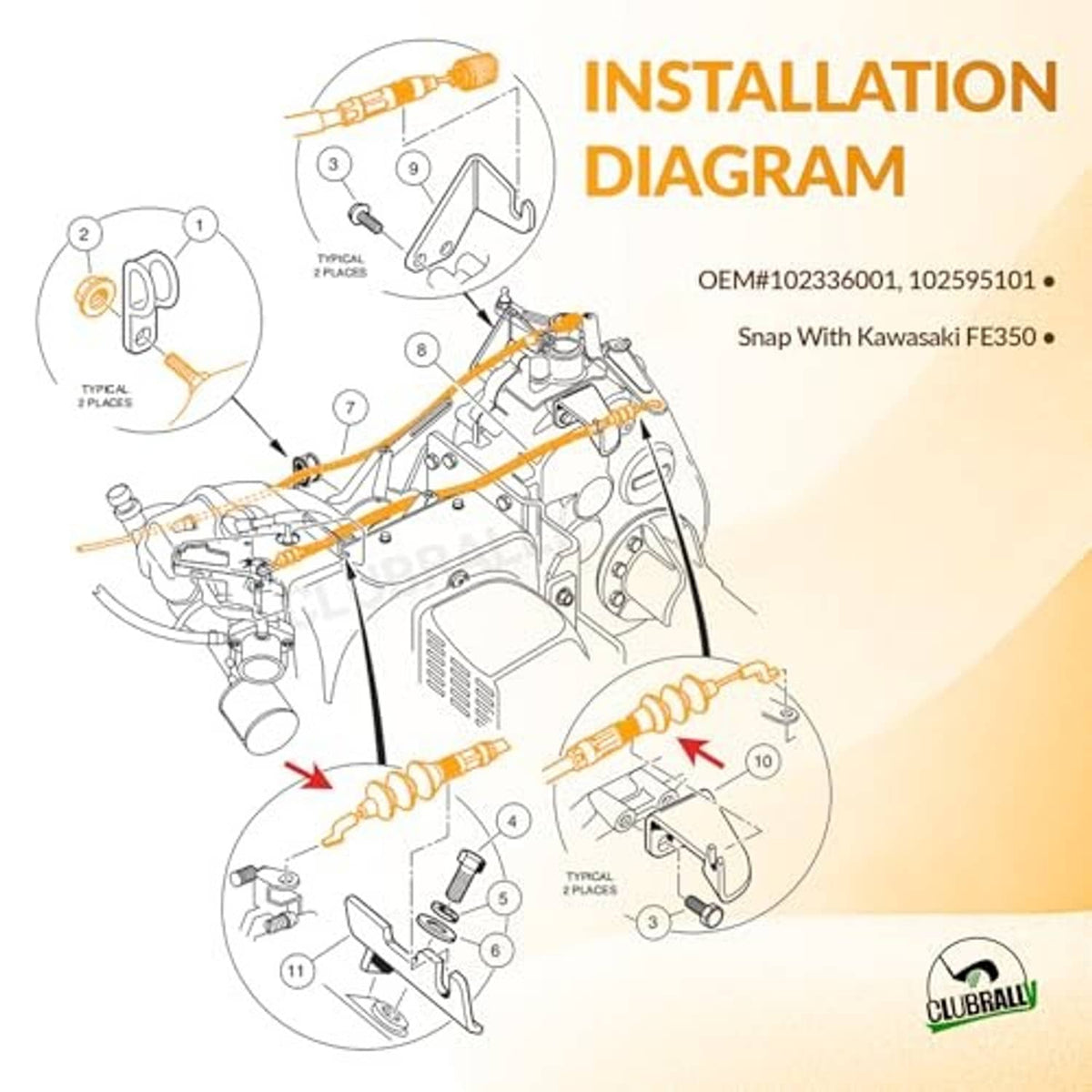Installation diagram for throttle cable with labeled wiring and engine connections