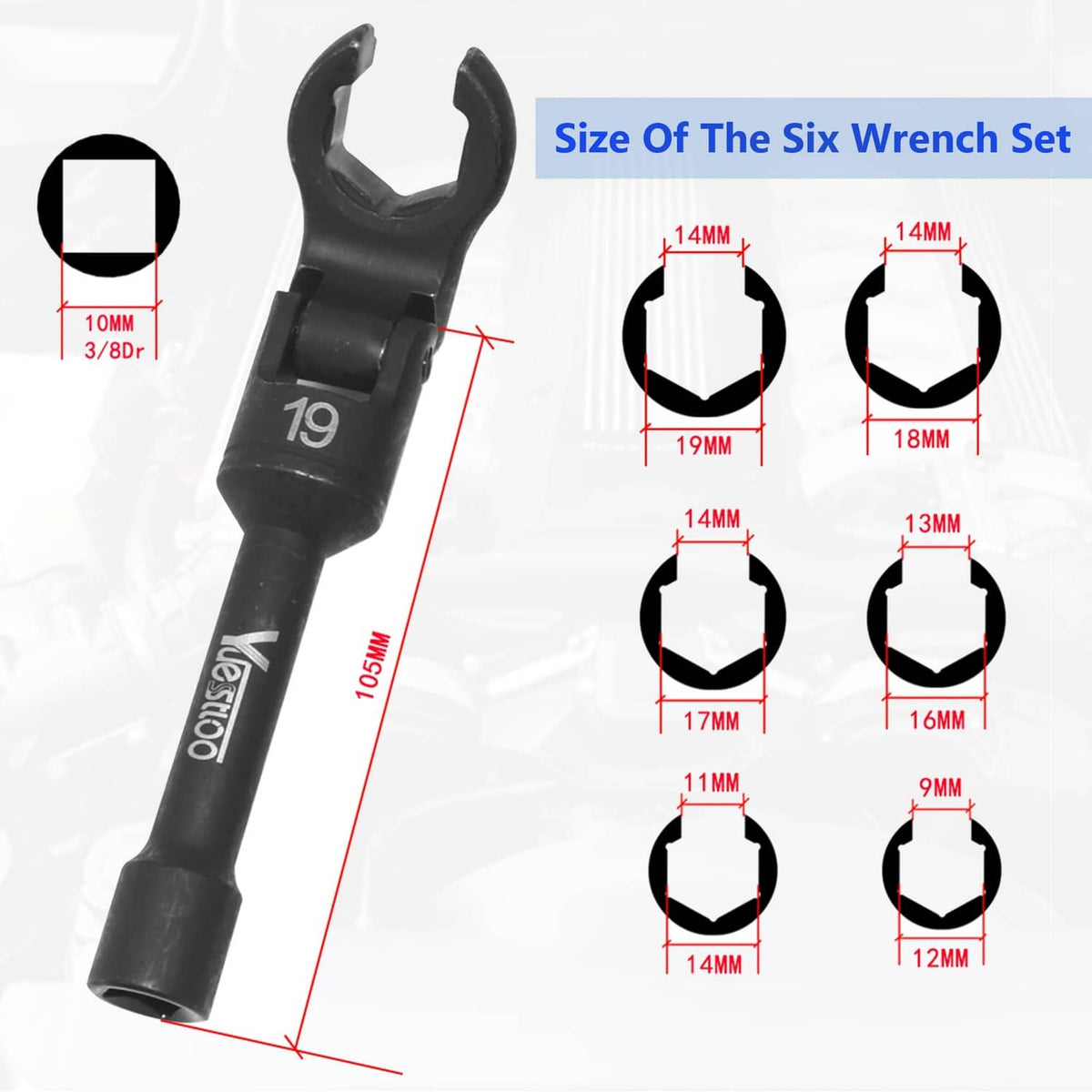 Black flex-head line wrench set showing six-point socket opening and sizes