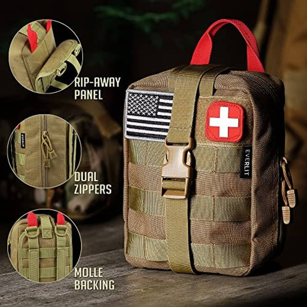Olive camo first aid pouch with red cross patch, dual zippers, MOLLE backing