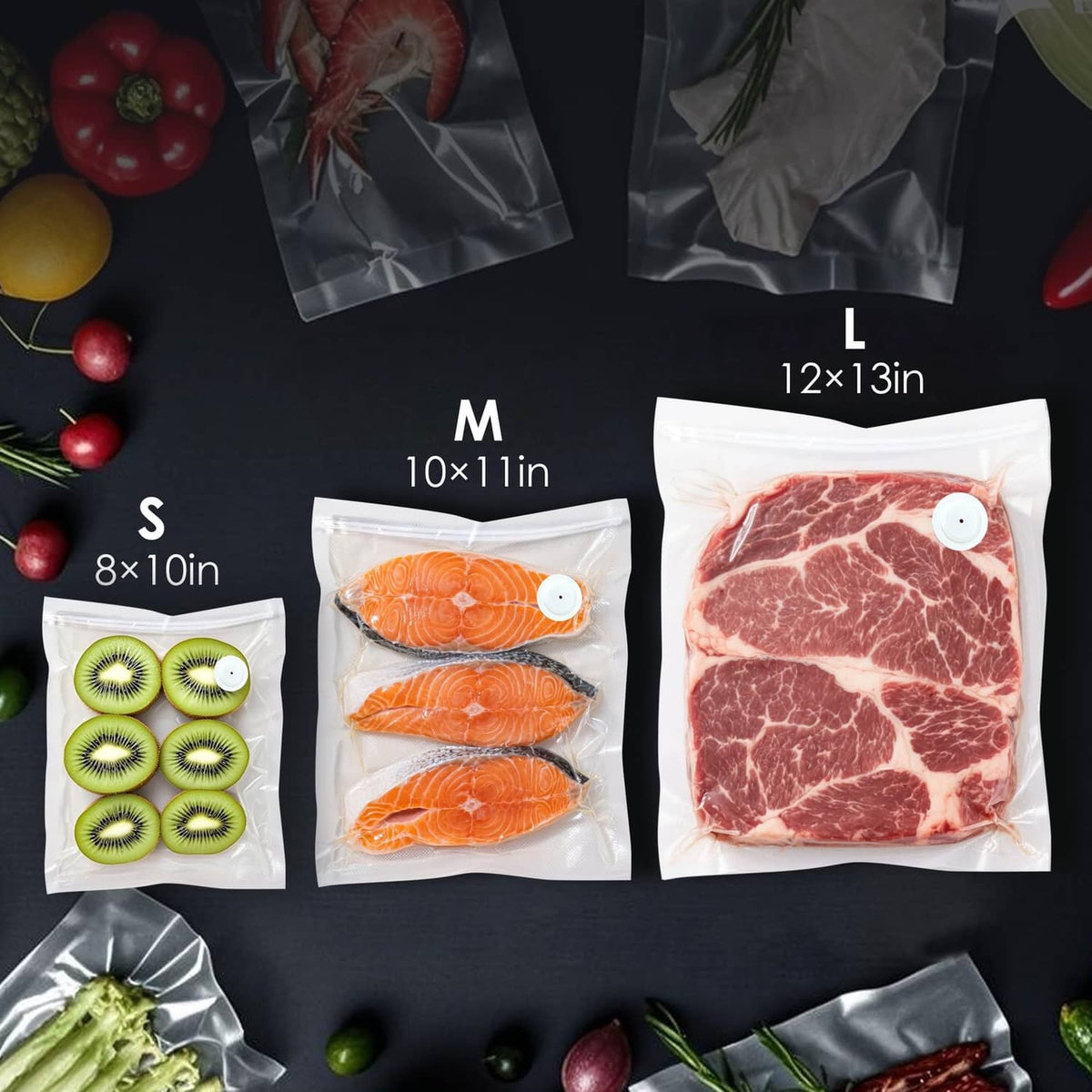 Vacuum sealer bag size set: S 8x10, M 10x11, L 12x13 with food samples
