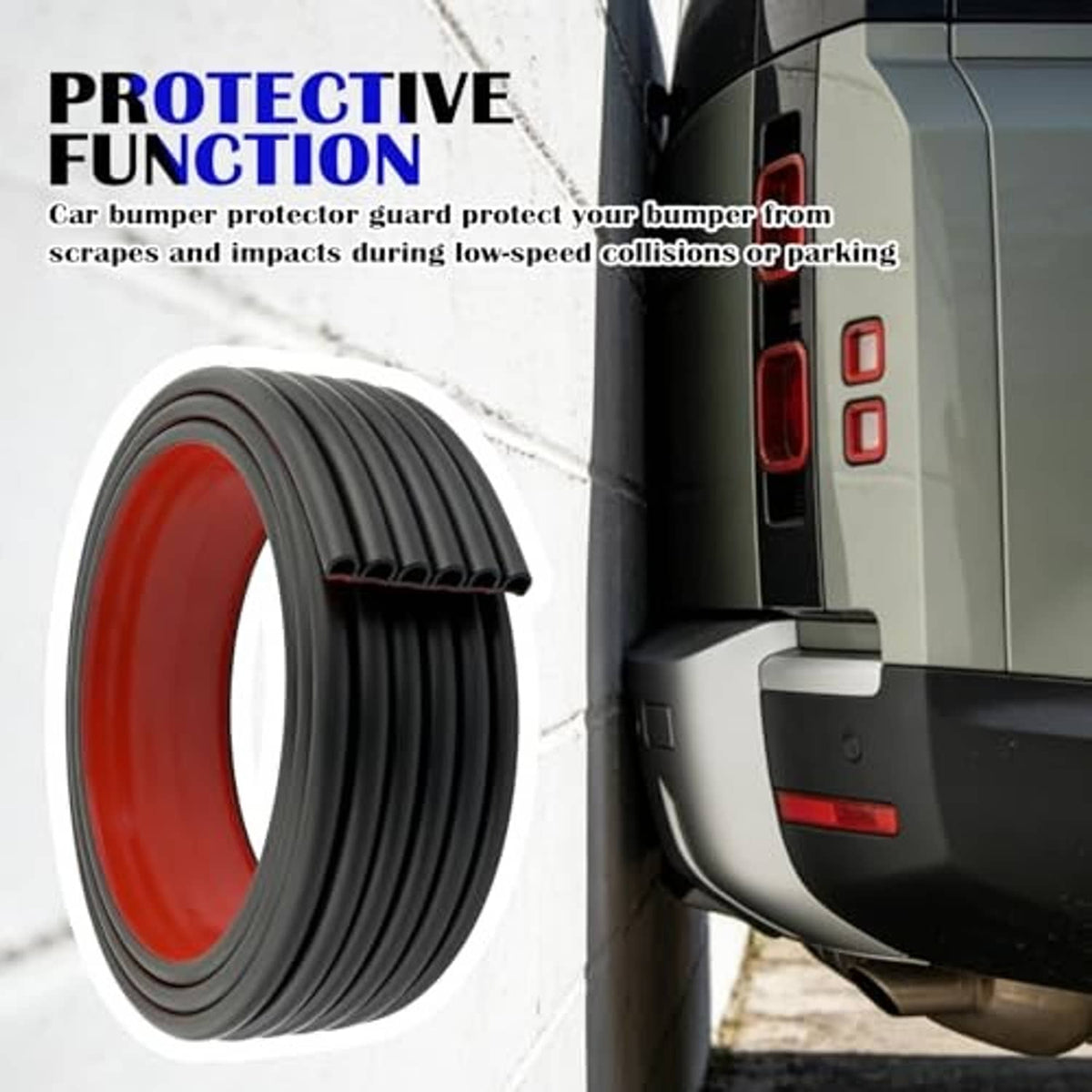 Rubber rear bumper guard strip applied near car bumper edge, dark gray with red insert