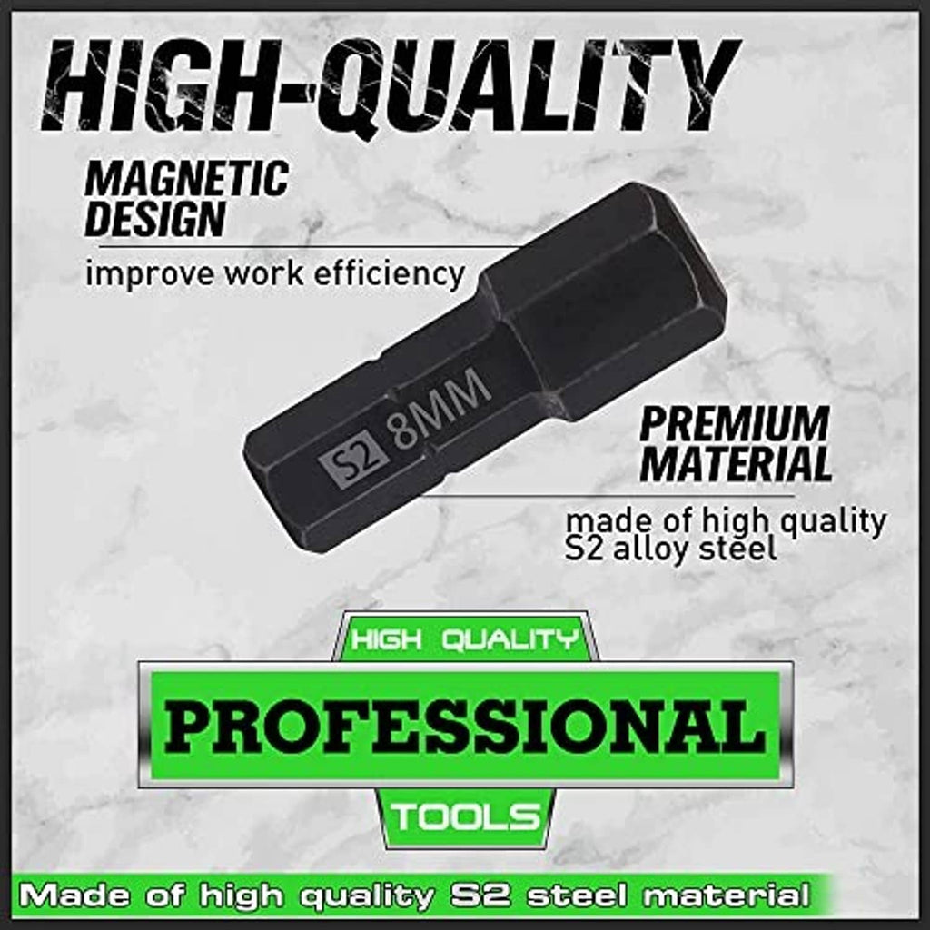 S2 steel hex bit shank with dark hex tip labeled 8MM premium material