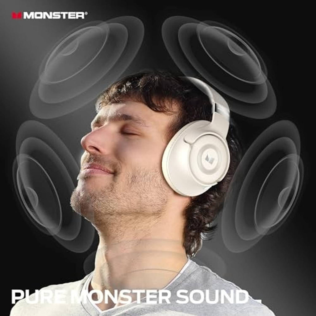 White over-ear headphones worn by a person, with circular control panel